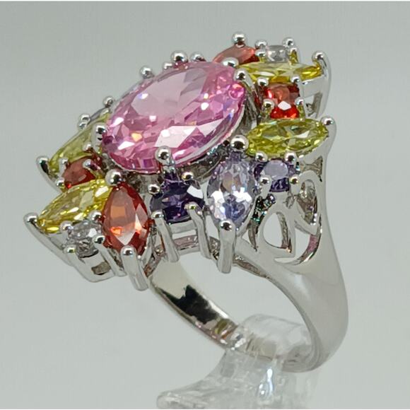 Vintage Ring Size 8 Silver Tone White Gold GP Pink CZ Diamond Cocktail - Picture 2 of 10